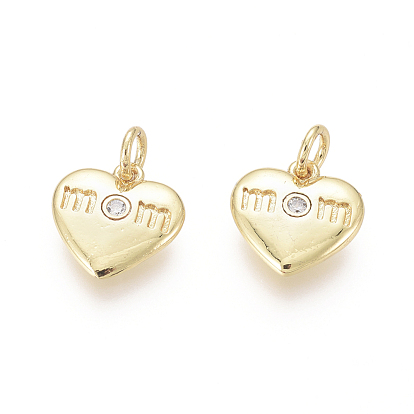 Golden Plated Brass Charms, with Cubic Zirconia and Jump Rings, Heart with Word Mom, for Mother's Day