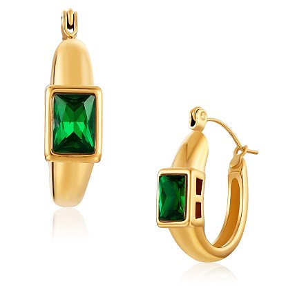 Boucles d'oreilles créoles rectangle vert zircone cubique, 430 bijoux en acier inoxydable pour femmes