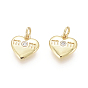 Golden Plated Brass Charms, with Cubic Zirconia and Jump Rings, Heart with Word Mom, for Mother's Day