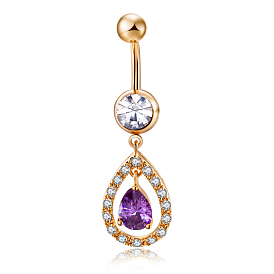 Piercing Jewelry, Brass Cubic Zirconia Navel Ring, Belly Rings, with 304 Stainless Steel Bar, Cadmium Free & Lead Free, Drop