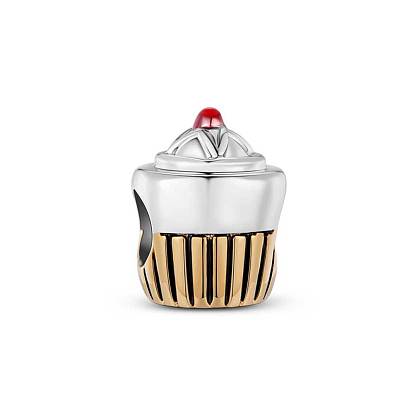 TINYSAND 925 Sterling Silver Birthdays Cupcake Charm European Beads, Large Hole Beads, 11.82x9.45x9.38mm, Hole: 4.55mm