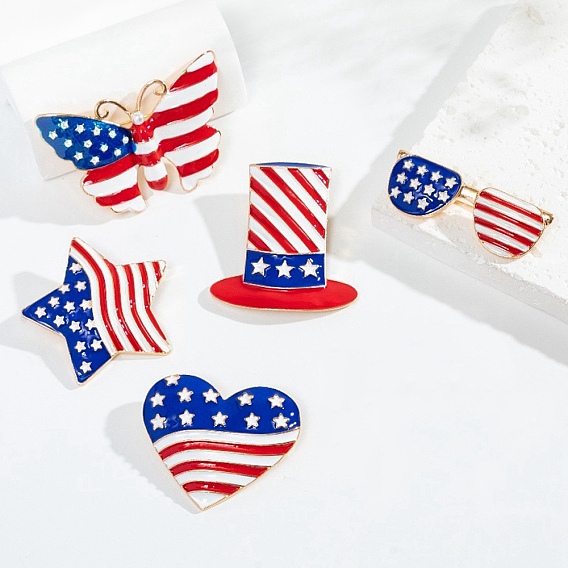 Élément de drapeau américain pour la fête de l'indépendance, lunettes étoiles, épingles en émail en forme de cœur, broche en alliage d'or léger
