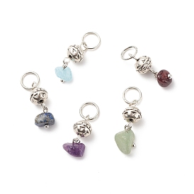 Natural & Synthetic Stone Chips Pendants, with Antique Silver Tone Alloy Findings, Round Charm