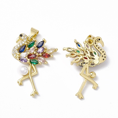 Rack Plating Brass Micro Pave Colorful Cubic Zirconia Charms, with Acrylic Bead, Long-Lasting Plated, Cadmium Free & Lead Free, Flamingo