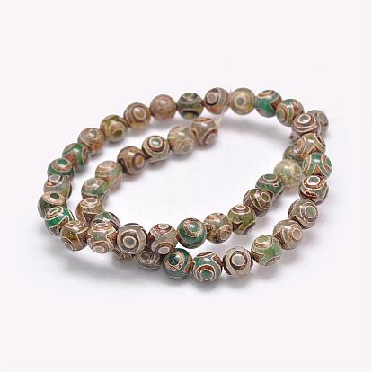 Brins de perles d'agate naturelle tibétaine 3 -eye dzi, ronde, teints et chauffée