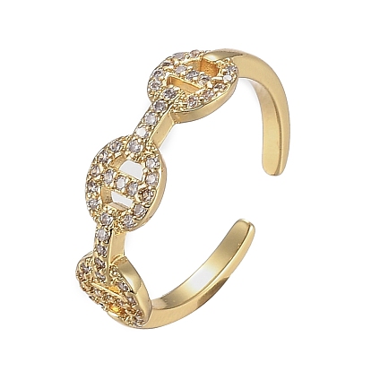 Adjustable Brass Micro Pave Clear Cubic Zirconia Cuff Rings, Open Rings, Long-Lasting Plated, Oval