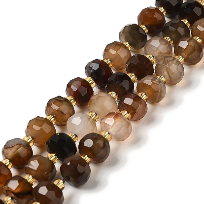 Natural Coffee Stripe Agate/Banded Agate Beads Strands, with Seed Beads, Faceted Rondelle