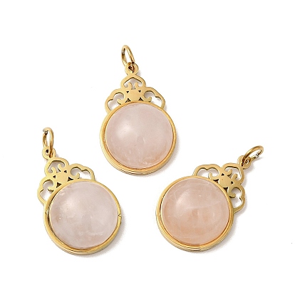 Flower Natural Gemstone Pendants, with Ion Plating(IP) Golden Tone 304 Stainless Steel Findings, Half Round Charm