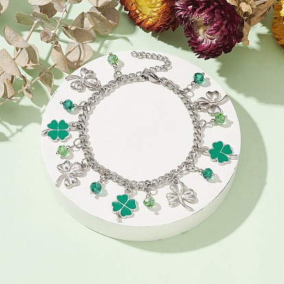 Bracelet à breloques en alliage de trèfle et de verre avec chaînes gourmettes en acier inoxydable pour la Saint-Patrick