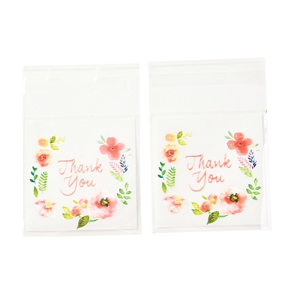 Bolsas autoadhesivas rectangulares opp, con palabra gracias y patrón de flores, para hornear bolsas de embalaje