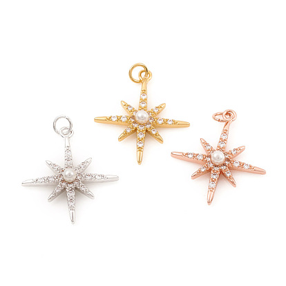 Micro latón allanan encantos de circonio cúbico, con perla de imitación de plástico abs y anillo de salto, estrella de ocho puntas