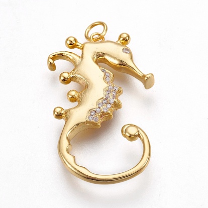 Brass Micro Pave Cubic Zirconia Pendants, Long-Lasting Plated, Sea Horse, Lead Free & Nickel Free & Cadmium Free, Clear