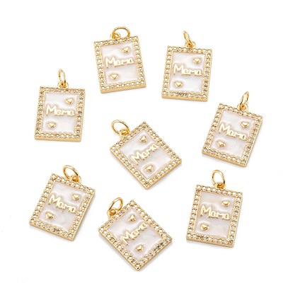 Pendentifs en laiton zircon cubique transparent, avec émail et anneaux de saut, rectangle avec mot maman