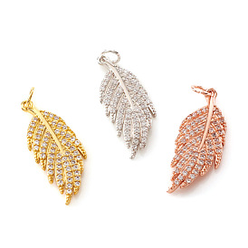 Brass Micro Pave Cubic Zirconia Pendants, with Jump Rings, Feather, Clear