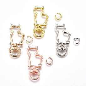 Alloy Swivel Lobster Clasps, with Iron Jump Rings, Cat Shape
