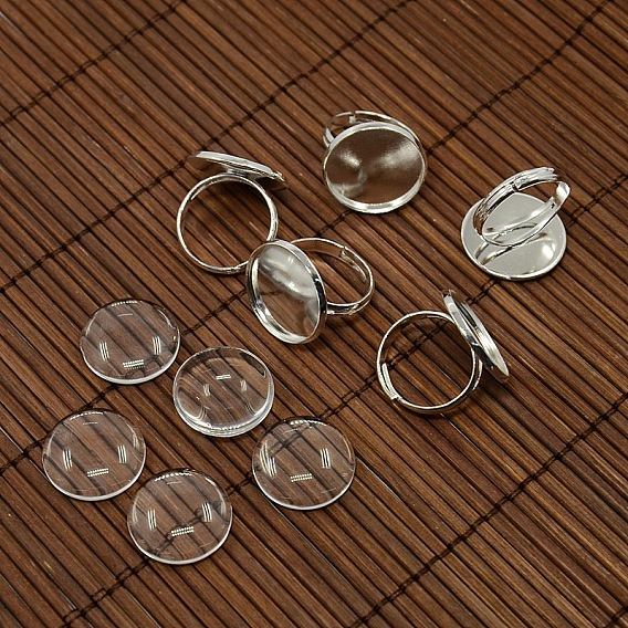 18mm Clear Domed Glass Cabochon Cover and Brass Pad Ring Bases for DIY Portrait Ring Making, Ring Bases: 17mm, Tray: 18mm