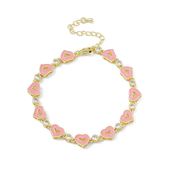 Pulsera de cadena con eslabones de circonita cúbica y corazón de esmalte rosa, joyas de latón para mujer