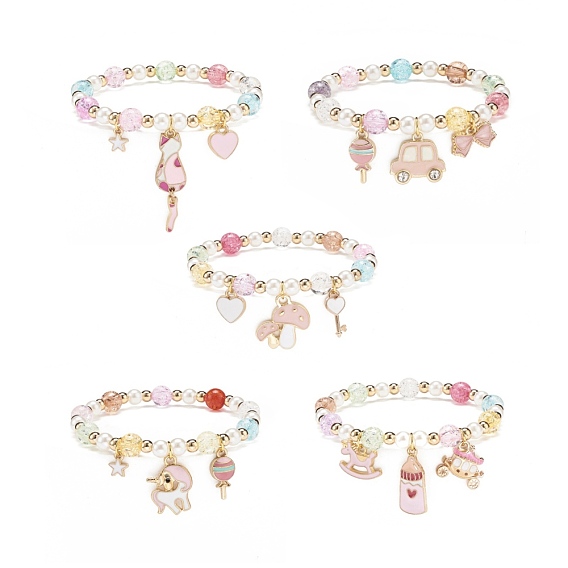 Bracelet à breloques en alliage d'émail coloré, Perle en plastique et acrylique et bracelet en perles rondes en hématite synthétique pour femme
