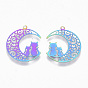 Ion Plating(IP) 201 Stainless Steel Kitten Pendants, Etched Metal Embellishments, Crescent Moon with Couple Cat Shape