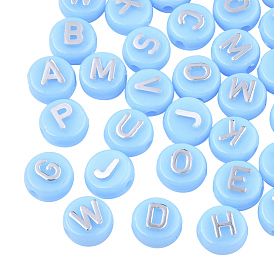 Plating Opaque Acrylic Beads, Metal Enlaced, Flat Round with Letter