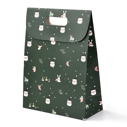 Christmas Themed Pattern Rectangle Kraft Paper Flip Bags, with Handle, Gift Bags, Shopping Bags