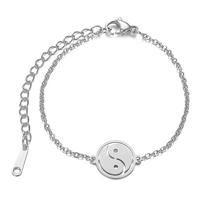 201 Stainless Steel Link Bracelets, with Cable Chains and Lobster Claw Clasps, Flat Round with YinYang