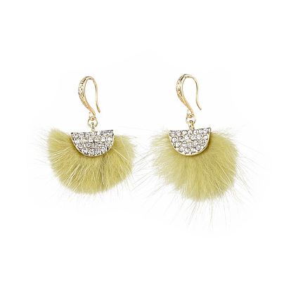 Brass Dangle Earrings, with Mink Fur Tassel Pendant Decorations, Rhinestone and Alloy Findings, Fan