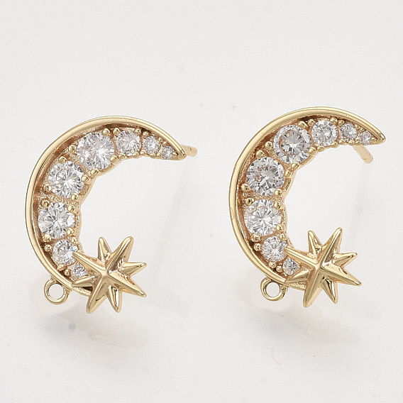 Brass Micro Pave Clear Cubic Zirconia Stud Earring Findings, with Loop, Nickel Free, Moon with Star
