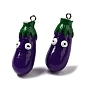 Cartoon Opaque Resin Vegetable Pendants, Funny Eye Eggplant Charms with Platinum Plated Iron Loops