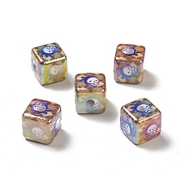 Placage uv perles acryliques irisées arc-en-ciel opaques, cube avec motif lapin