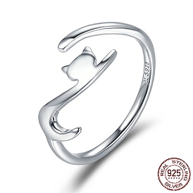 925 Sterling Silver Cuff Finger Rings, Adjustable,  Cat, with 925 Stamp