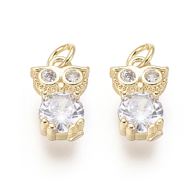 Brass Charms, with Clear Cubic Zirconia and Jump Rings, Owl
