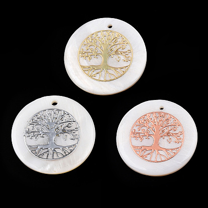 Freshwater Shell Pendants, Covered with Iron Findings, Flat Round with Tree of Life