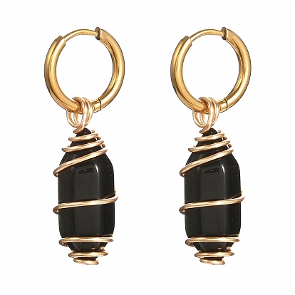 Copper Wire Wrapped Natural & Synthetic Gemstone Dangle Earrings for Women, 304 Stainless Steel Huggie Hoop Earrings