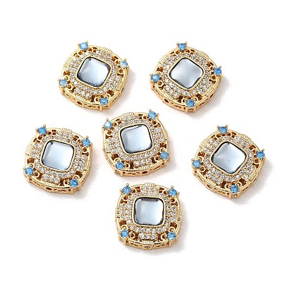 Brass Micro Pave Cubic Zirconia Multi-Strand Links, with Resin Imitation Aquamarine, Square Connector