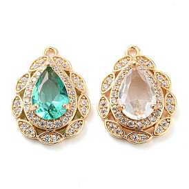 Golden Brass Micro Pave Cubic Zirconia Pendants, with Glass, Teardrop Charms