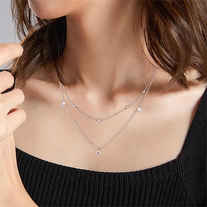 Double Layer Long Chain Necklace with Beads and Rhinestones Stainless Steel Sweater Necklace Simple Adjustable Chain Necklace Trendy Statement Necklace Neck Jewelry for Women