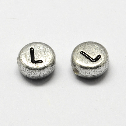 Silver Plated Acrylic Horizontal Hole Letter Beads, Flat Round, 7x4mm, Hole: 1.3mm, about 3600pcs/500g