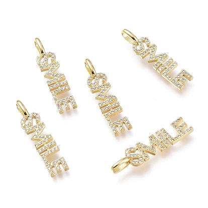 Brass Micro Pave Clear Cubic Zirconia Pendants, Long-Lasting Plated, Word Smile