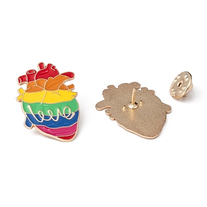 Creative Zinc Alloy Brooches, Enamel Lapel Pin, with Iron Butterfly Clutches or Rubber Clutches, Rainbow, Heart with Word Love