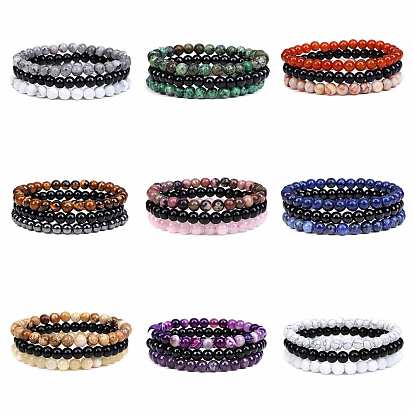 3Pcs 3 Style Natural Mixed Gemstone Round Beaded Stretch Bracelets Set for Woman