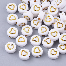 Plating Acrylic Beads, Metal Enlaced, Flat Round with Heart