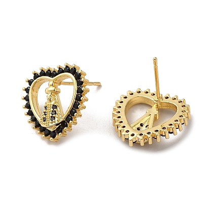 Heart with Saint Black Cubic Zirconia Stud Earrings, Rack Plating Brass Jewelry for Women, Lead Free & Cadmium Free