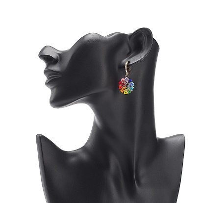 Rainbow Color Japanese Seed Braided Flower Dangle Hoop Earrings, Brass Jewelry for Women