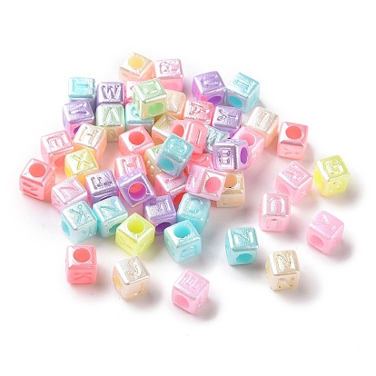 Imitation Pearl Acrylic Beads,  Cube with Letter