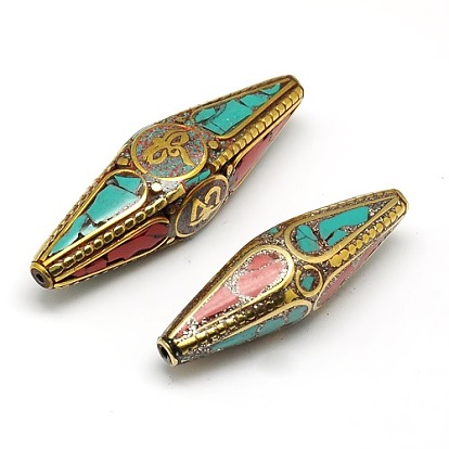 Perles de style à la main tibétains, pièces en laiton avec turquois et corail synthétique, Toupie, 47~57x15~16mm, Trou: 1mm