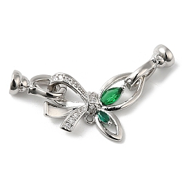 Rack Plating Brass Micro Pave Clear Cubic Zirconia Fold Over Clasps, with Green Glass, Cadmium Free & Lead Free, Long-Lasting Plated, Butterfly