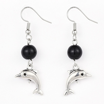 Alloy Dangle Earrings, with Glass Beads and Brass Earring Hooks, Dolphin