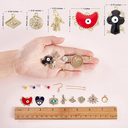 DIY Evil Eye Earring Making Kits, Including Hand & Rhombus & Heart & Cross & Heart Alloy Pendants, Glass Beads, Iron Earring Hook, Brass Hoop Earring Findings
