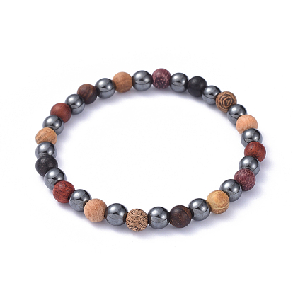 Stretch Bracelets Set, Stackable Bracelets, with Wood Beads and Non-Magnetic Synthetic Hematite Beads, Burlap Bags
